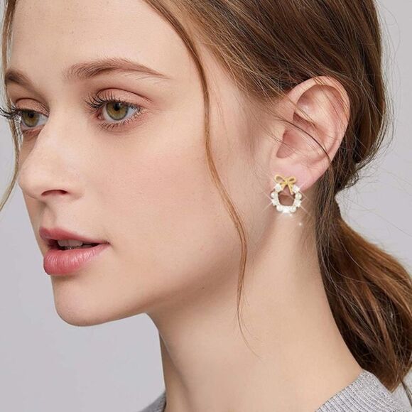 New Gold Plated Ribbon Hoop Pearl with Cubic Zirconia Gold Pearl Earrings - Picture 2 of 6